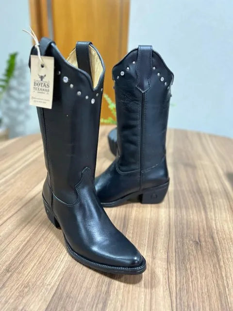 Texana Virgínia Bico Fino - Couro Látego Preto/Sem Bordado All-Black com Metais