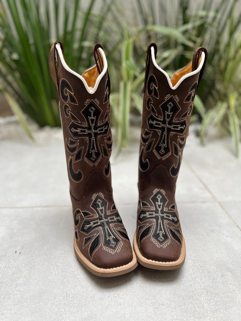 BOTA TEXANA BORDADO CRUZ PRETA COURO MARROM - Imagem 2