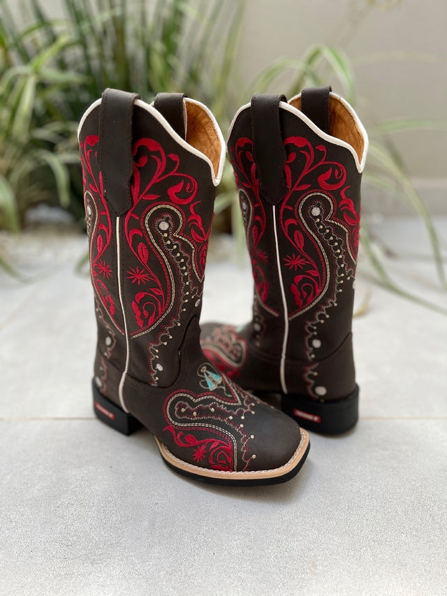 BOTA TEXANA TRIBAL VERMELHO E NOSSA SENHORA COURO MARROM ESCURO