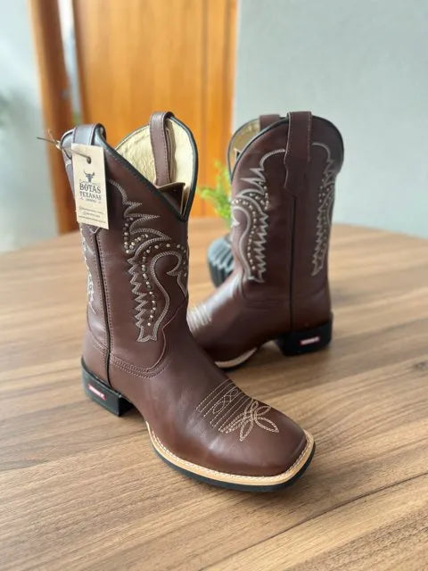 Texana Bruno - Couro Látego Marrom/Bordado Ramos Marrom com Metais