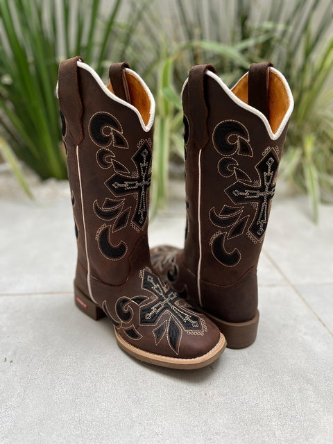 BOTA TEXANA BORDADO CRUZ PRETA COURO MARROM