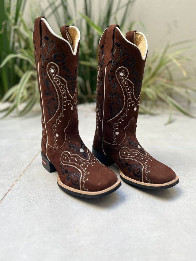 BOTA TEXANA TRIBAL PRETO COURO NOBUCK MARROM - Imagem 2