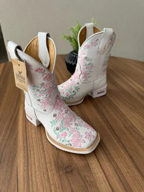 Texana Maitê Capota - Couro Floatter Branco/Bordado Florência Rosa e Verde