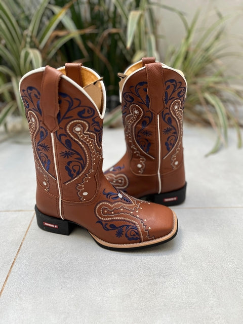 BOTA TEXANA TRIBAL AZUL COURO MARROM