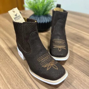 Botina Henry - Couro Tilápia Marrom/Bordado Florão Laranja