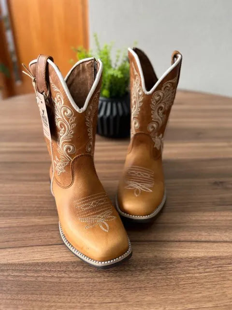 Texana Jessica Infantil - Couro Fóssil Havana/Bordado Ramos Bege - Imagem 2