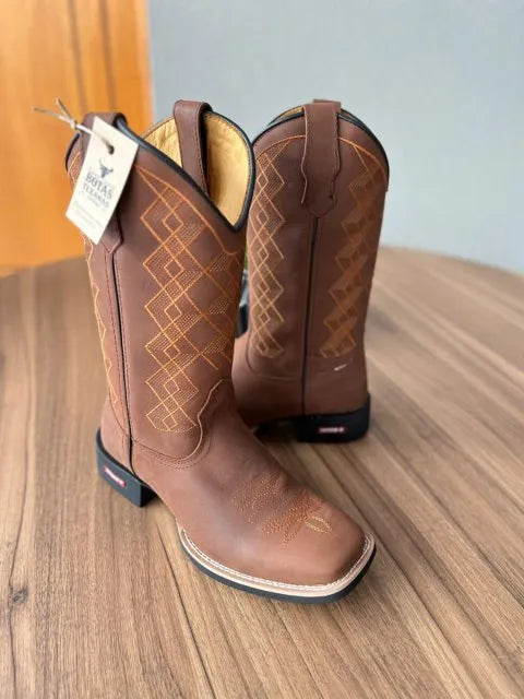 Texana Antônio - Couro Horse Nescau/Bordado Geométrico Laranja