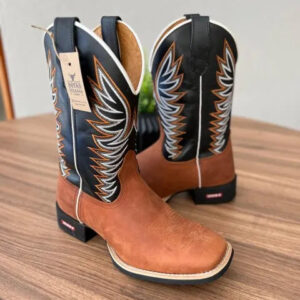 Texana Pietro - Couro Látego Preto e Horse Telha/Bordado Ramos Laranja e Branco