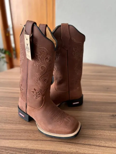 Texana Jessica - Couro Horse Nescau/Bordado Ramos Marrom