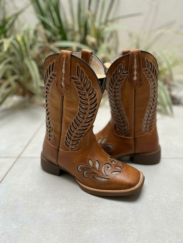 BOTA TEXANA LASER RAMOS COM GLITTER DOURADO COURO MARROM CLARO