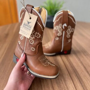 Texana Jordana Infantil - Couro Mustangue/Bordado Flores Bege