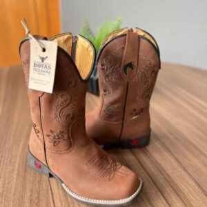 Texana Jessica Infantil - Couro Horse Nescau/Bordado Ramos Marrom