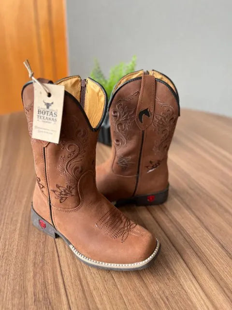 Texana Jessica Infantil - Couro Horse Nescau/Bordado Ramos Marrom