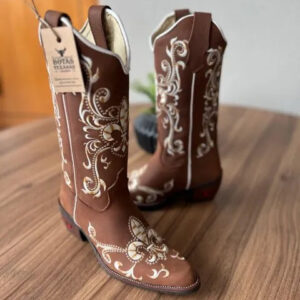 Texana Lis Bico Fino - Couro Horse Nescau/Bordados Lis Mesclado