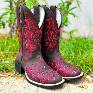 Bota Feminina Vermelha Brilho Prata