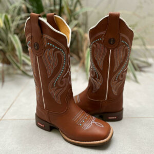 BOTA TEXANA BORDADO PONTILHADO AZUL CLARO E FLORÃO COURO MARROM