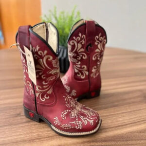 Texana Isabela Infantil - Couro Vermelho/Bordado Cruz Marrom e Bege