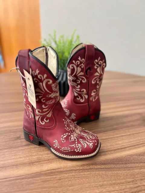 Texana Isabela Infantil - Couro Vermelho/Bordado Cruz Marrom e Bege