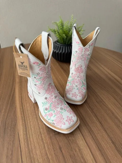 Texana Maitê Capota - Couro Floatter Branco/Bordado Florência Rosa e Verde - Imagem 2