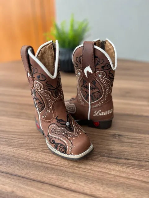 Texana Alice Infantil - Couro Horse Nescau/Bordado Tribal Preto