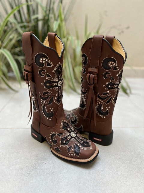 BOTA TEXANA LASER CRUZ BRIDÃO GLITTER PRETO COM METAIS COURO MARROM COM TIRINHAS