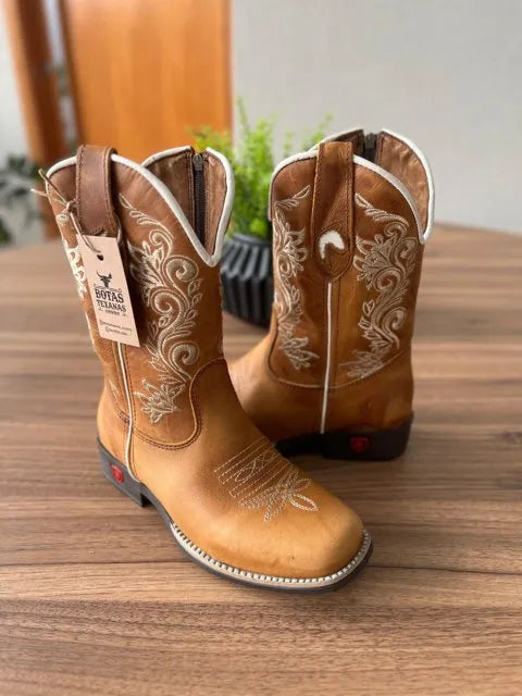 Texana Jessica Infantil - Couro Fóssil Havana/Bordado Ramos Bege