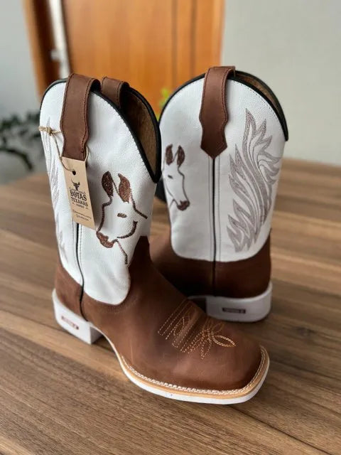 Texana Geovani - Couro Floatter Branco e Horse Nescau/ Bordado Mulas Marrom