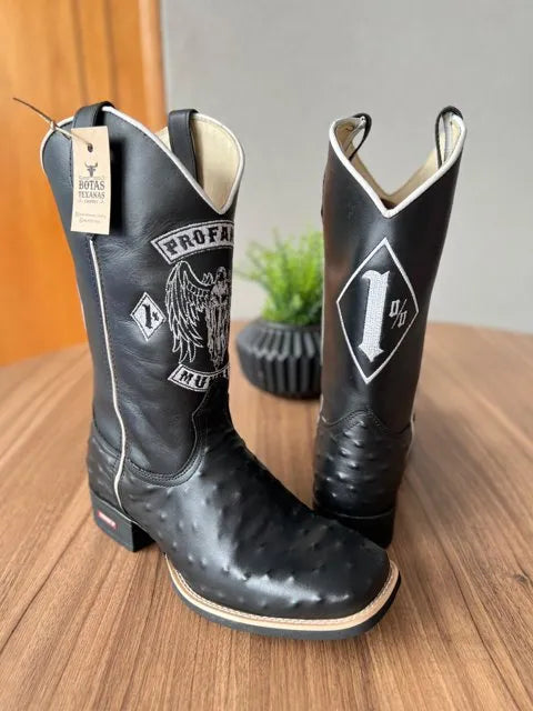 Texana Alexandre - Couro Látego e Avestruz Preto/ Bordado Motoclube - Imagem 2