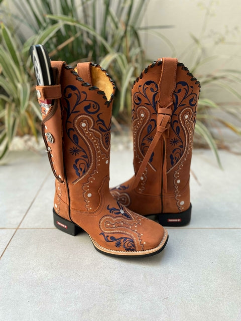 KIT TEXANA TRIBAL AZUL COURO HORSE TELHA COM TRICÊ E TIRINHAS + BAINHA + FACA