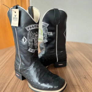 Texana Alexandre - Couro Látego e Avestruz Preto/ Bordado Motoclube