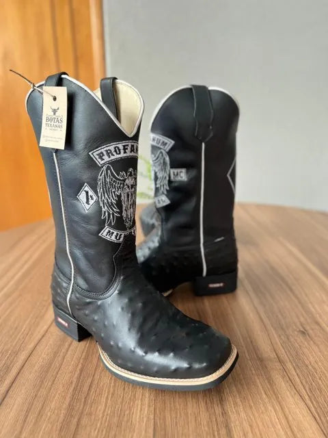 Texana Alexandre - Couro Látego e Avestruz Preto/ Bordado Motoclube