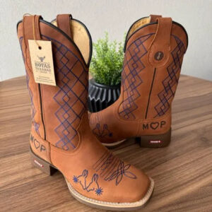 Texana Antônio - Couro Fóssil Havana/Bordado Geométrico Azul Marinho