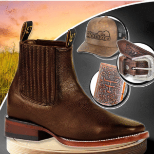Kit Bota Masculina Ortopédica Force em 100% Couro Bovino + Cinto Country, Boné Modão e Carteira GRÁTIS