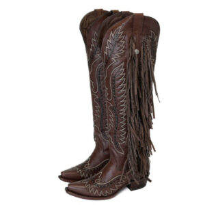 Bota Cano Longo Western Franja Marrom
