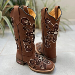 BOTA TEXANA LASER CRUZ BRIDÃO GLITTER MARROM COM METAIS COURO MARROM