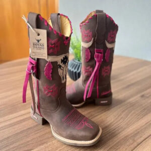 Texana Helena - Couro Horse Cappuccino/Bordado Touro 3D Rosa