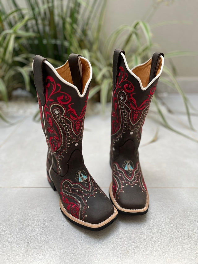 BOTA TEXANA TRIBAL VERMELHO E NOSSA SENHORA COURO MARROM ESCURO - Imagem 2