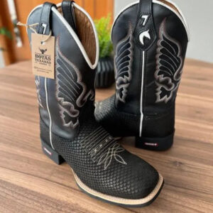 Texana Bruno - Couro Látego e Tilápia Preto/ Bordado Asas Bege