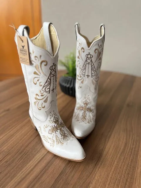 Texana Maria - Couro Floatter Branco/Bordados Padroeira Marrom e Bege - Imagem 2