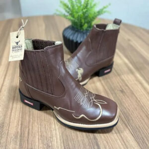 Botina Guilherme - Couro Látego Marrom/ Bordado Violão e Cavalo Bege