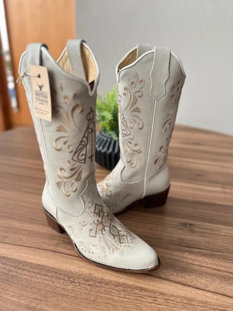 Texana Maria Bico Fino - Couro Off-White/Bordado Padroeira Marrom e Bege