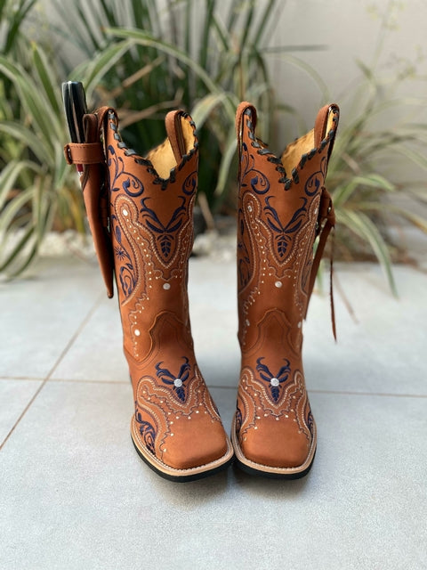 KIT TEXANA TRIBAL AZUL COURO HORSE TELHA COM TRICÊ E TIRINHAS + BAINHA + FACA - Imagem 2