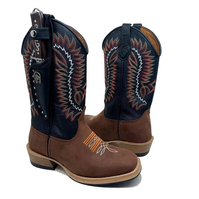 BotaFaca Rústica
- Couro Cano Floater Preto | Couro Gáspea Crazy Horse Nescau | Bordados Vermelho e Ferrugem