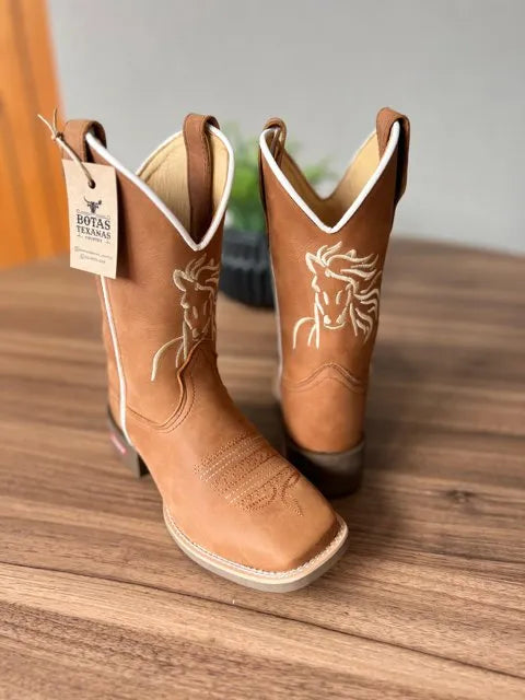 Texana Carlos - Couro Fóssil Havana/Bordado Cavalo Bege