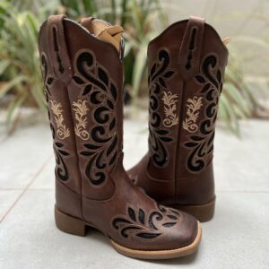 BOTA TEXANA LASER RAMOS GLITTER PRETO COURO MARROM