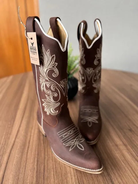 Texana Luana Bico Fino - Couro Horse Nescau/Ramos bege e Padroeira Rosa - Imagem 2