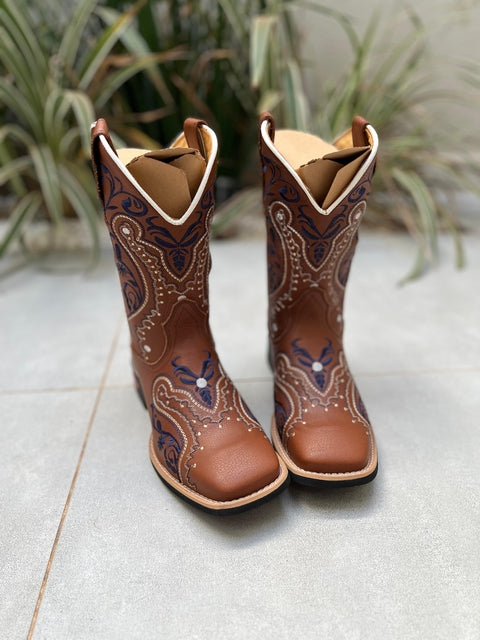 BOTA TEXANA TRIBAL AZUL COURO MARROM - Imagem 2