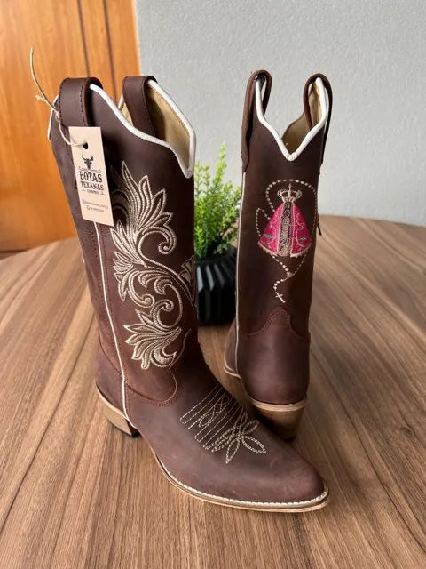 Texana Luana Bico Fino - Couro Horse Nescau/Ramos bege e Padroeira Rosa