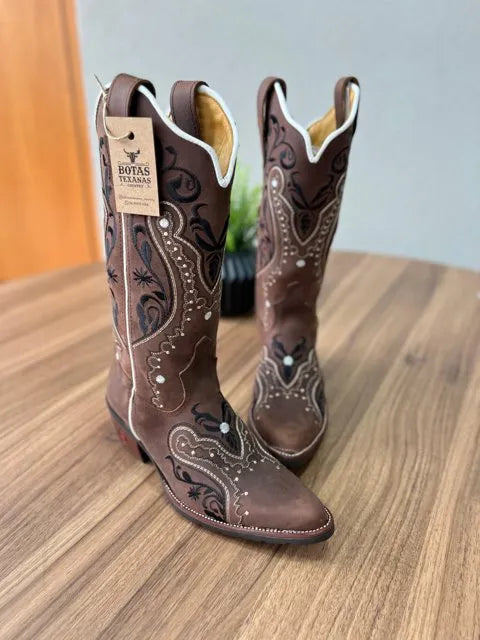 Texana Alice Bico Fino - Couro Horse Nescau/Bordado Tribal Preto - Imagem 2