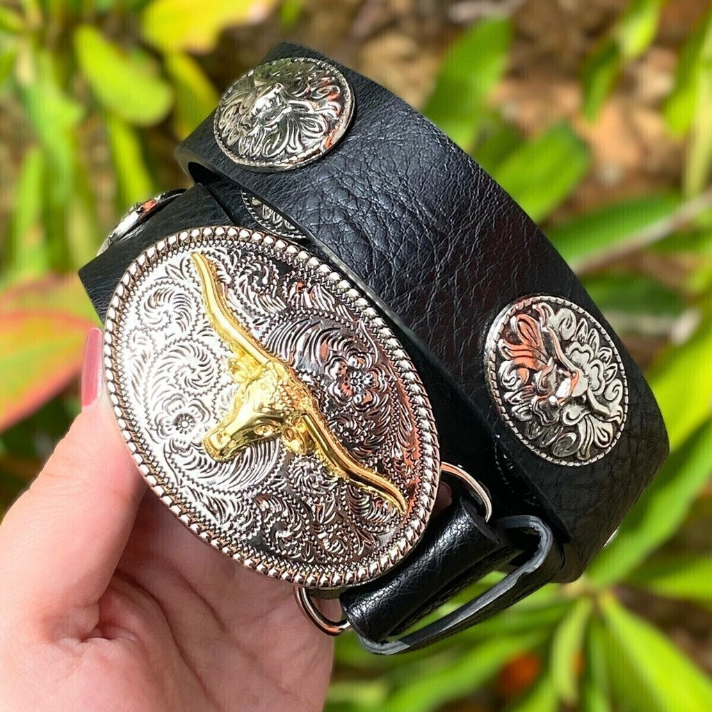 Cinto Síntético Com Fivela Cabeça de Boi Preto